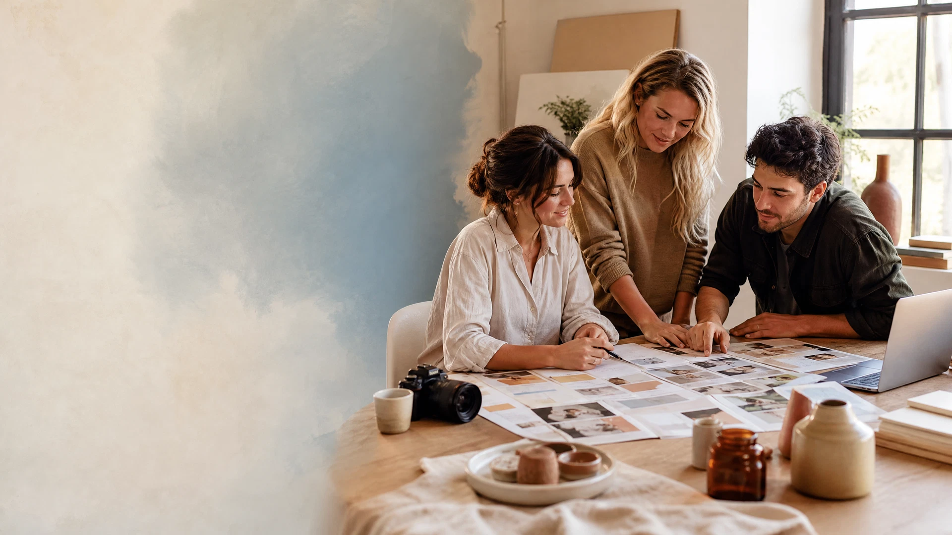 Creative team collaboratively planning visual social content